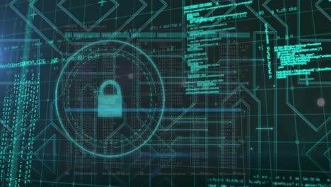 animazione dell'icona del lucchetto di sicurezza e elaborazione dei dati sulla rete di griglia su sfondo nero