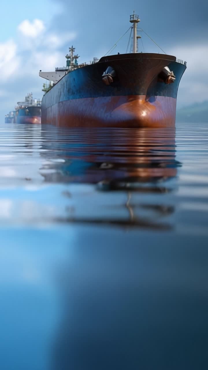 En fridfull vy av massiva lastfartyg som glider genom lugna vatten, vilket visar deras eleganta design och reflektioner mot en lugn maritim bakgrund.