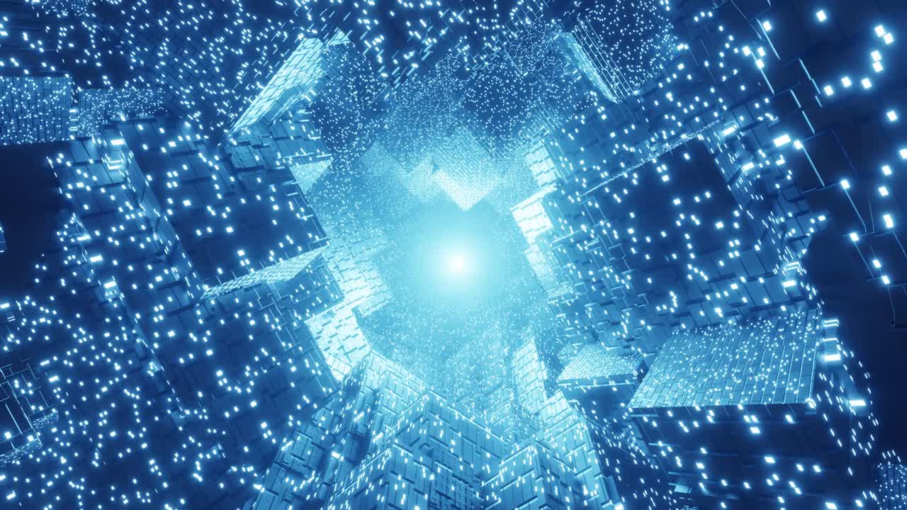 회전하는 큐브와 함께 미래의 3d 터널