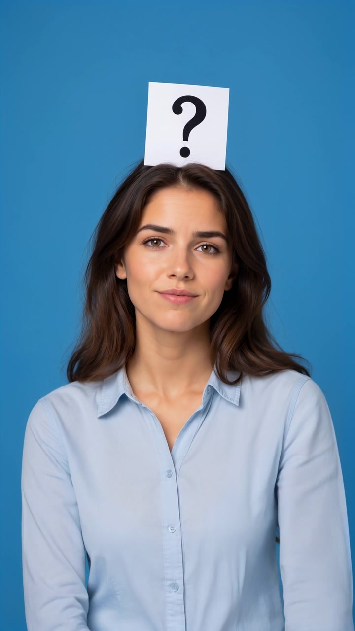 Medium close portrait of young woman centered against solid blue studio background, moving from thoughtful pose with hand on chin and furrowed brow toward relaxed confidence, with clean minimal