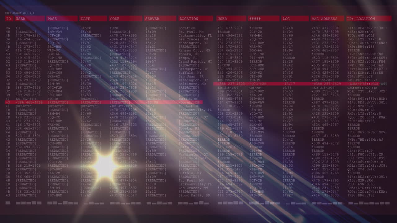 Light streaks highlighting digital data table with user information and network details