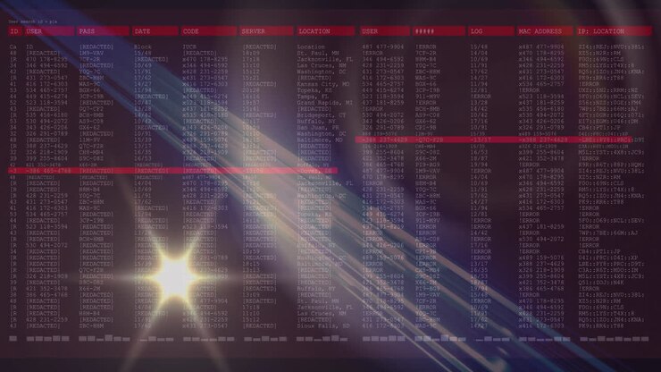 Scie luminose che evidenziano una tabella di dati digitali con informazioni utente e dettagli di rete