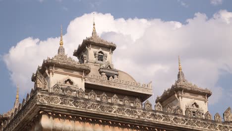 Detailed-carvings-on-the-edge-of-Patuxai-Victory-Monument-in-the-center-of-Vientiane,-Laos