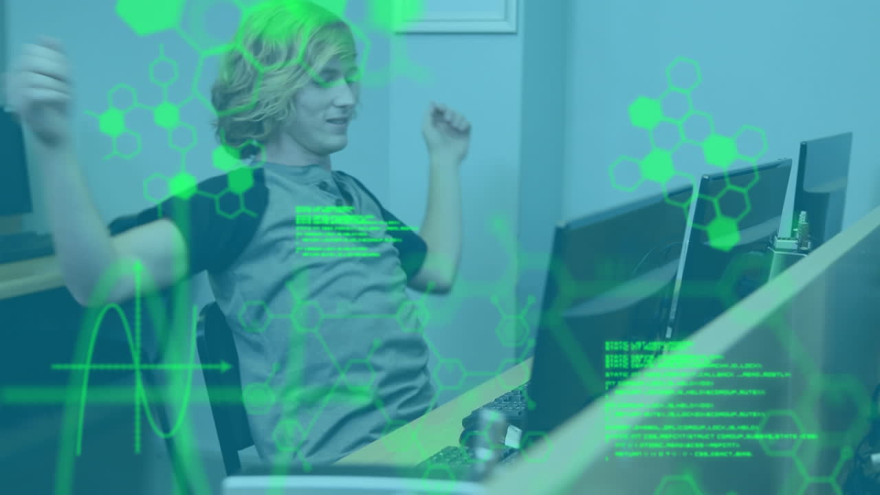 Animation of data processing over male student using computer