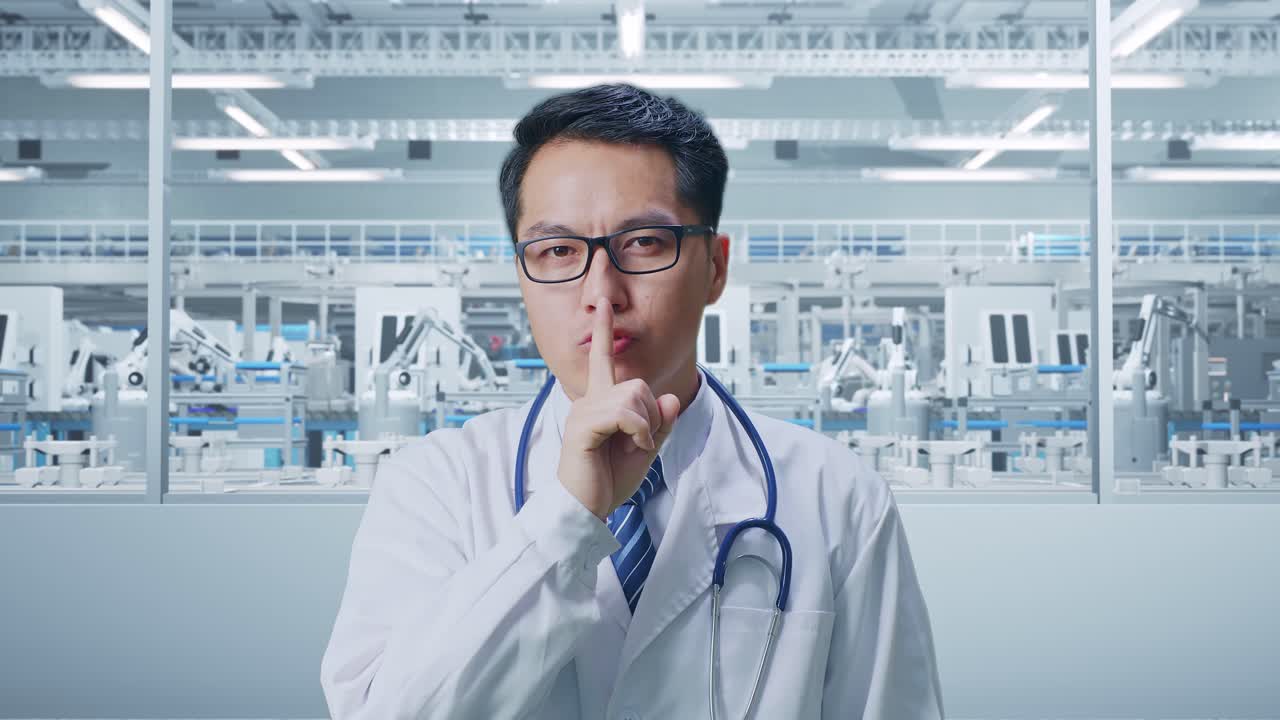 Close Up Of Asian Male Doctor With Stethoscope Showing Silence Gesture While Standing In Laboratory