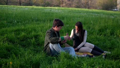 couple playing cards in a park