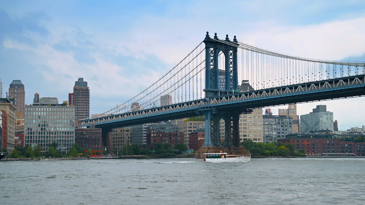 Boats move by the East River towards the Manhattan Bridge. Low angle view. Boating in New York, USA