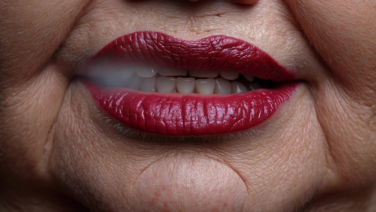Primo piano ravvicinato delle labbra di una donna anziana con rossetto rosso che sorride ed espira fumo.