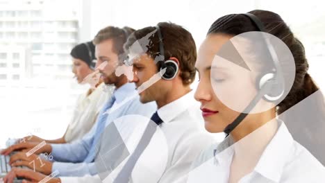 Animation-of-data-processing-and-statistics-over-office-workers-wearing-headsets