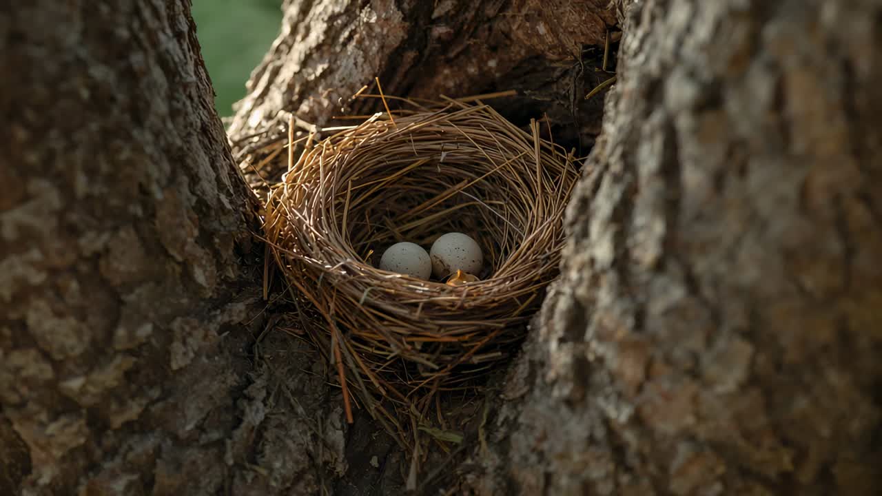 Camera framing woven bird's nest with two pale-speckled eggs, pushing in at tree fork showing twigs
