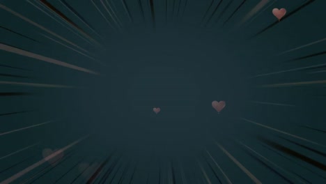 Animation-of-red-hearts-falling,-with-flickering-light-beams-on-dark-background