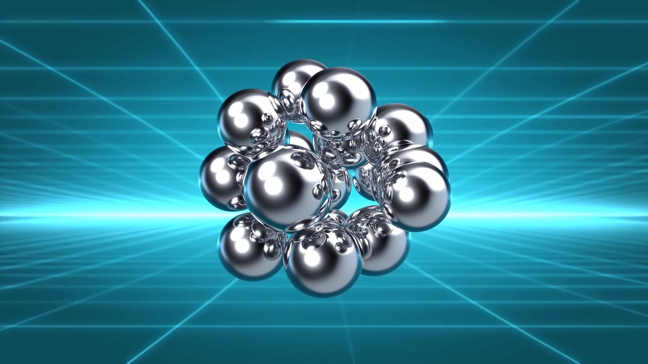 A cluster of reflective metallic spheres hovers in the center of a glowing teal space with a perspective grid, bright highlights, and a sleek futuristic