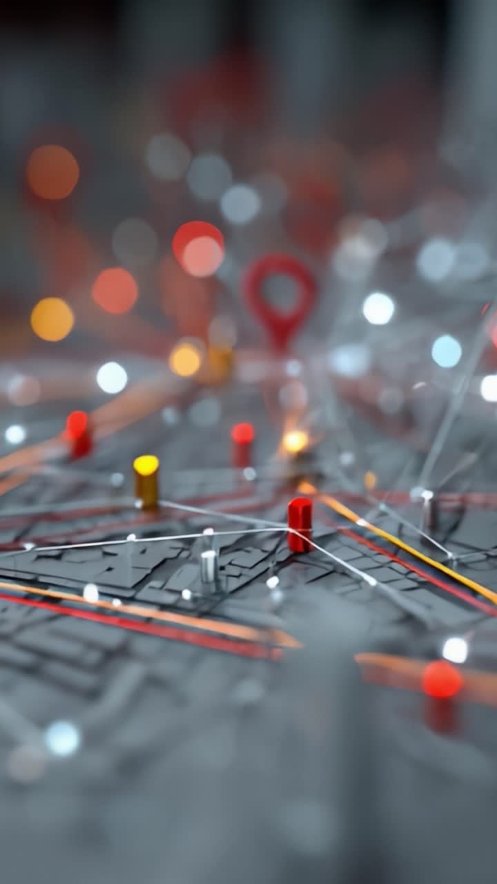 Visualizzazione complessa di connessioni e posizioni su una mappa digitale con punti di interesse dinamici evidenziati da marcatori e linee colorate