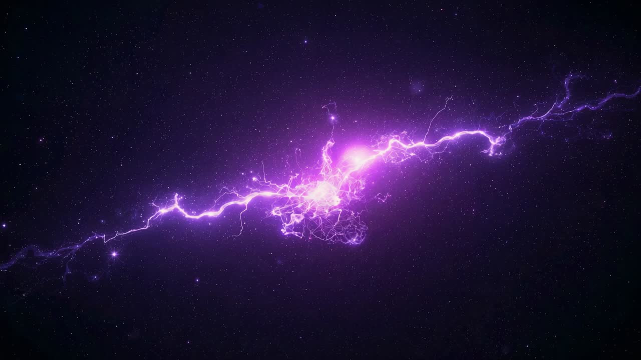 Filamento centrale di illuminazione che pulsa e si dirama in un campo stellare scuro, emettendo un alone viola
