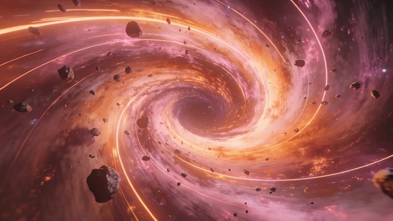 Vortice a spirale luminoso che attira asteroidi verso l'interno, con scie luminose che si stringono verso il vuoto.