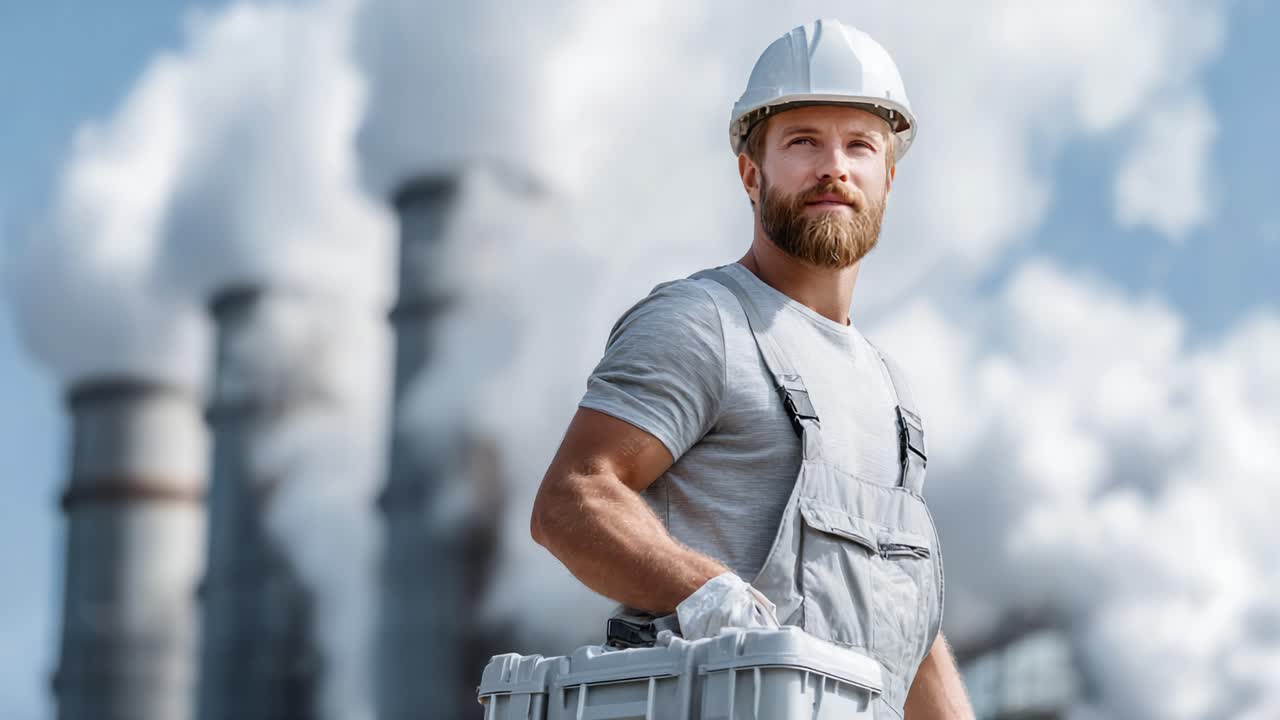 Dedicated Worker in a Gray Overalls and Hard Hat, Holding Equipment Amidst Industrial Background with Smokestacks and Emitting Plumes of Steam or Smoke