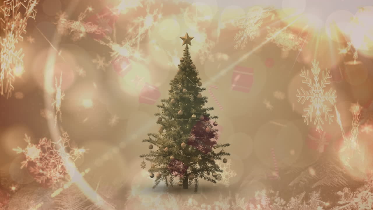 Animação de flocos de neve caindo sobre árvore de Natal decorada em meio a pontos de luz