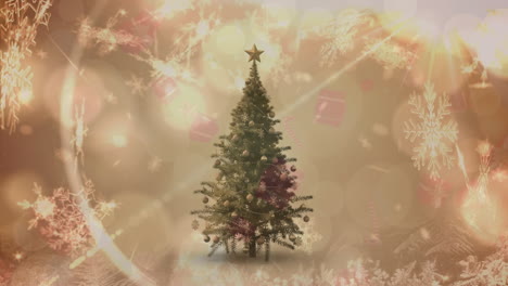 animação de flocos de neve caindo sobre árvore de natal decorada contra manchas de luz