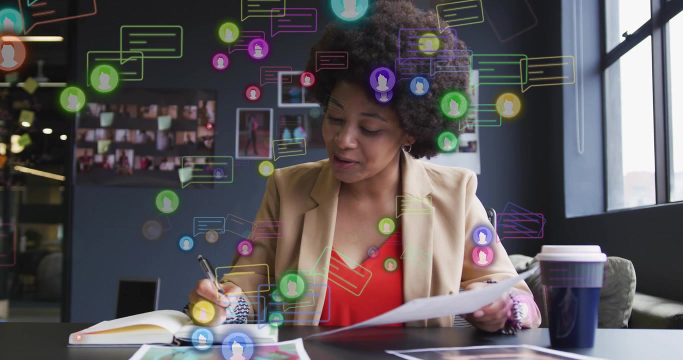 Woman scanning papers and noting for business report, alert icons rising and passing across face