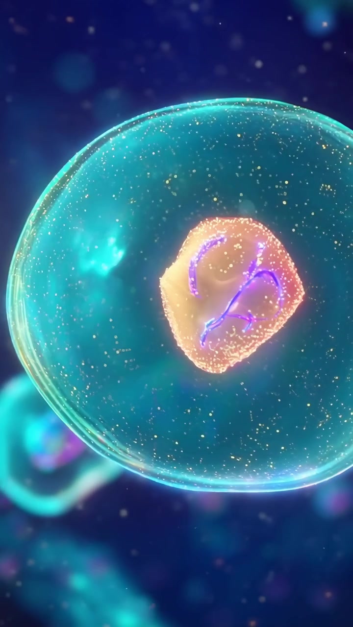 Vista microscopica di cellule biologiche che si dividono in un ambiente fluido