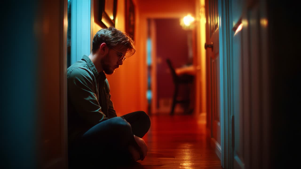Um homem solitário está sentado pensativamente em um corredor com pouca luz, capturando um momento de introspecção e contemplação em uma atmosfera acolhedora e convidativa