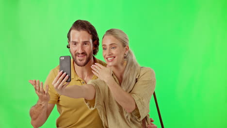 Married-couple,-phone-and-video-call-on-green