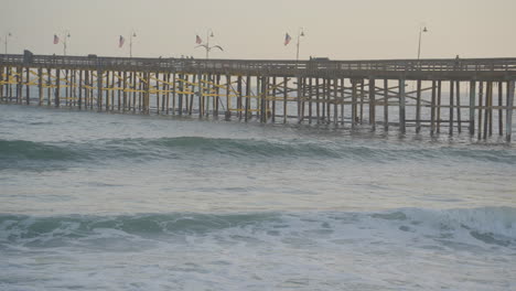 Tracking-shot-of-Seagull-flying-through-the-air-along-Ventura-Pier-at-sunset-located-in-Southern-California