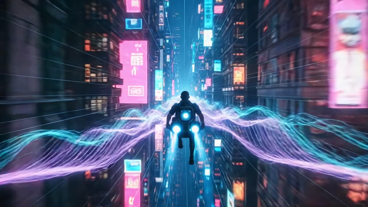 A Journey Through a Futuristic Neon Cityscape: A Figure Soars Amidst Vibrant Lights and Electric Energy in a High-Speed Adventure