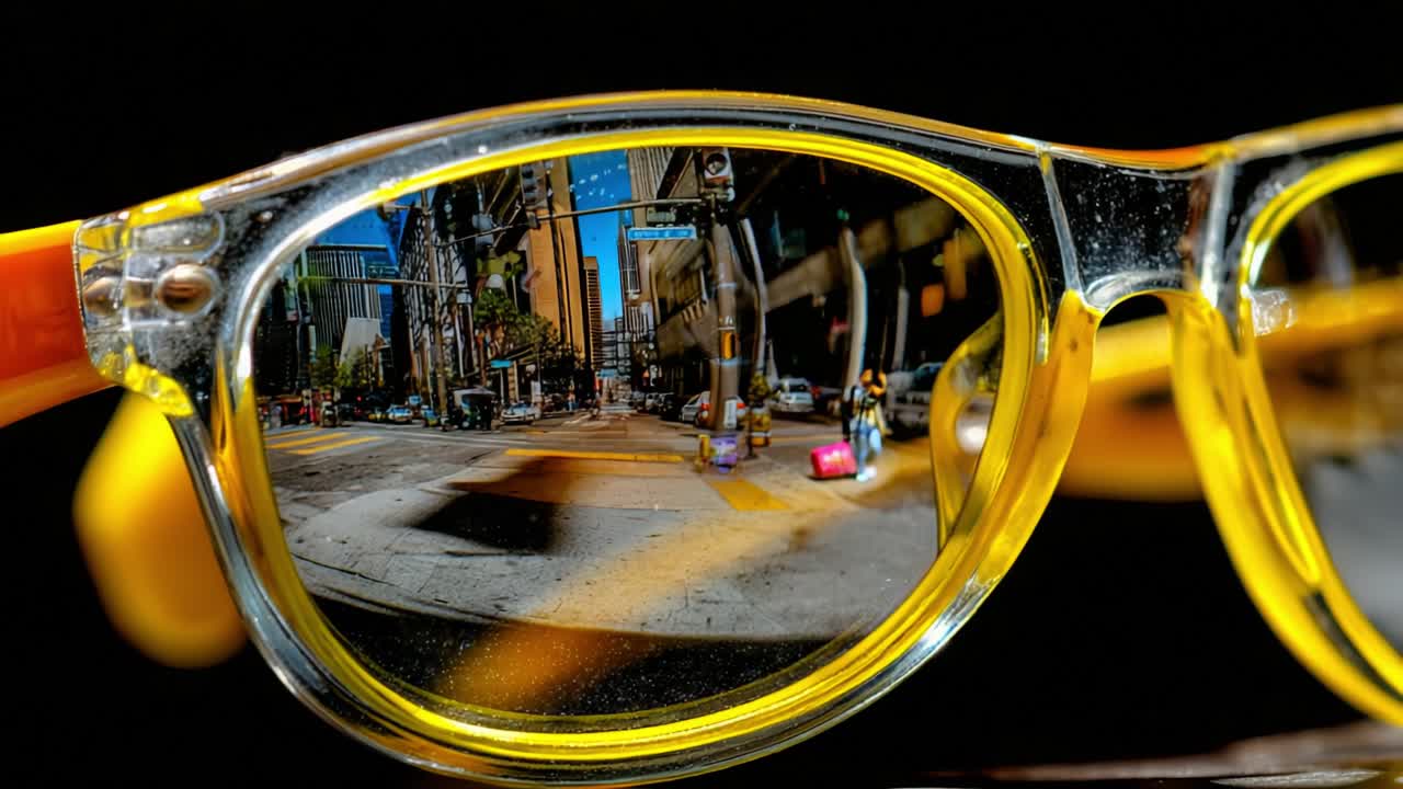 A Captivating Perspective: Reflections of a Vibrant City Scene in Yellow-Tinted Sunglasses, Showcasing Urban Life Through Their Lenses in Sharp Detail and Colorful Variations