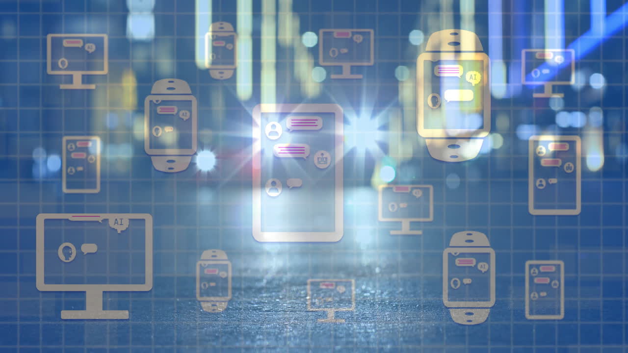 도시 풍경 위의 디지털 스크린에서 인공지능 채팅의 애니메이션