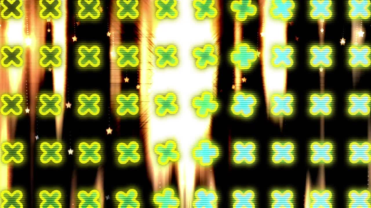 검은색 배경에 떨어지는 별에 맞춰  ⁇ 니없는 패턴으로 십자가 표지판 위에 추상적인 모양