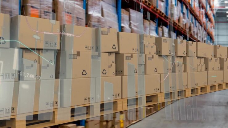 Animation of statistics processing over cardboard boxes on conveyor belt in background