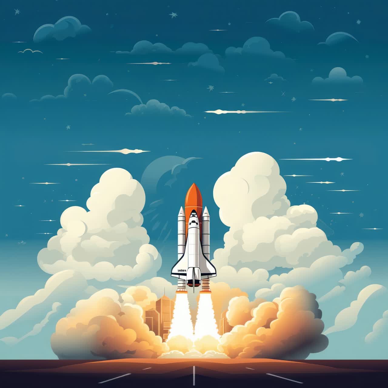 A video-style illustration of a space shuttle launching, viewed from below at a low angle