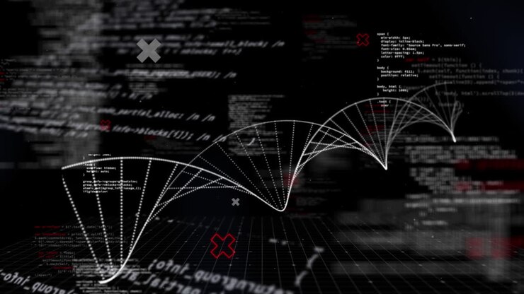 Animation of dna strand and data processing over black background