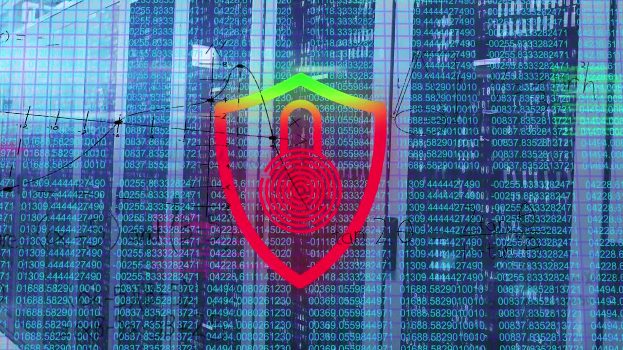Digital security shield with fingerprint over financial data and stock market graphs