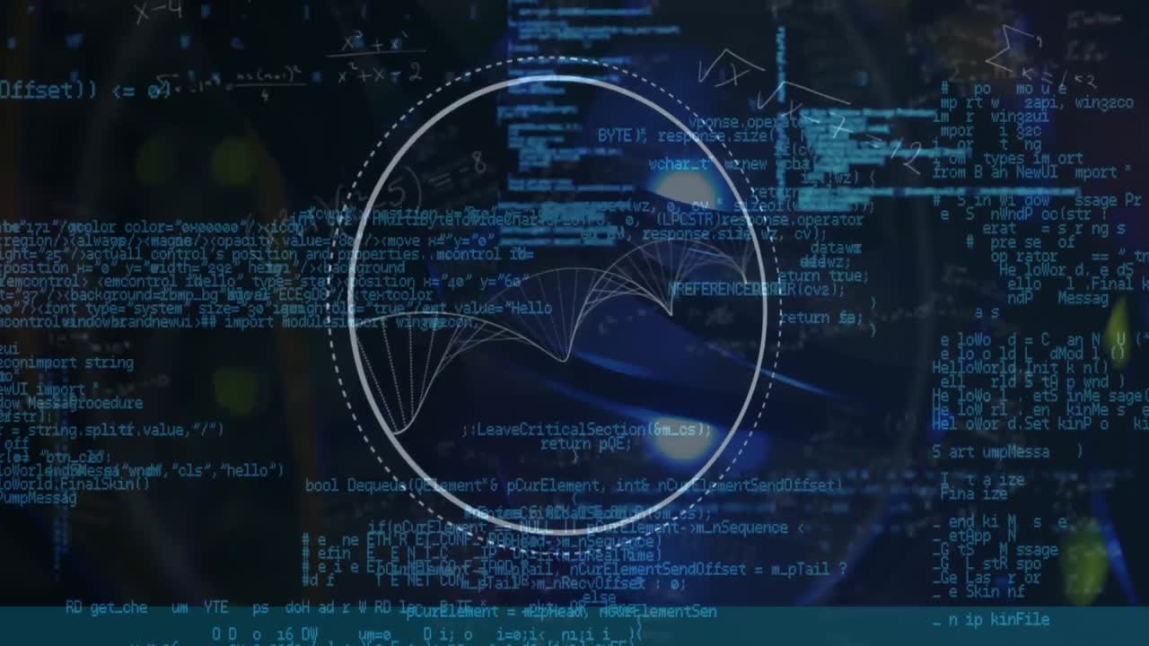 Animering av cirkulär skanner, ekvationer och partiklar som bildar en helix över databehandling