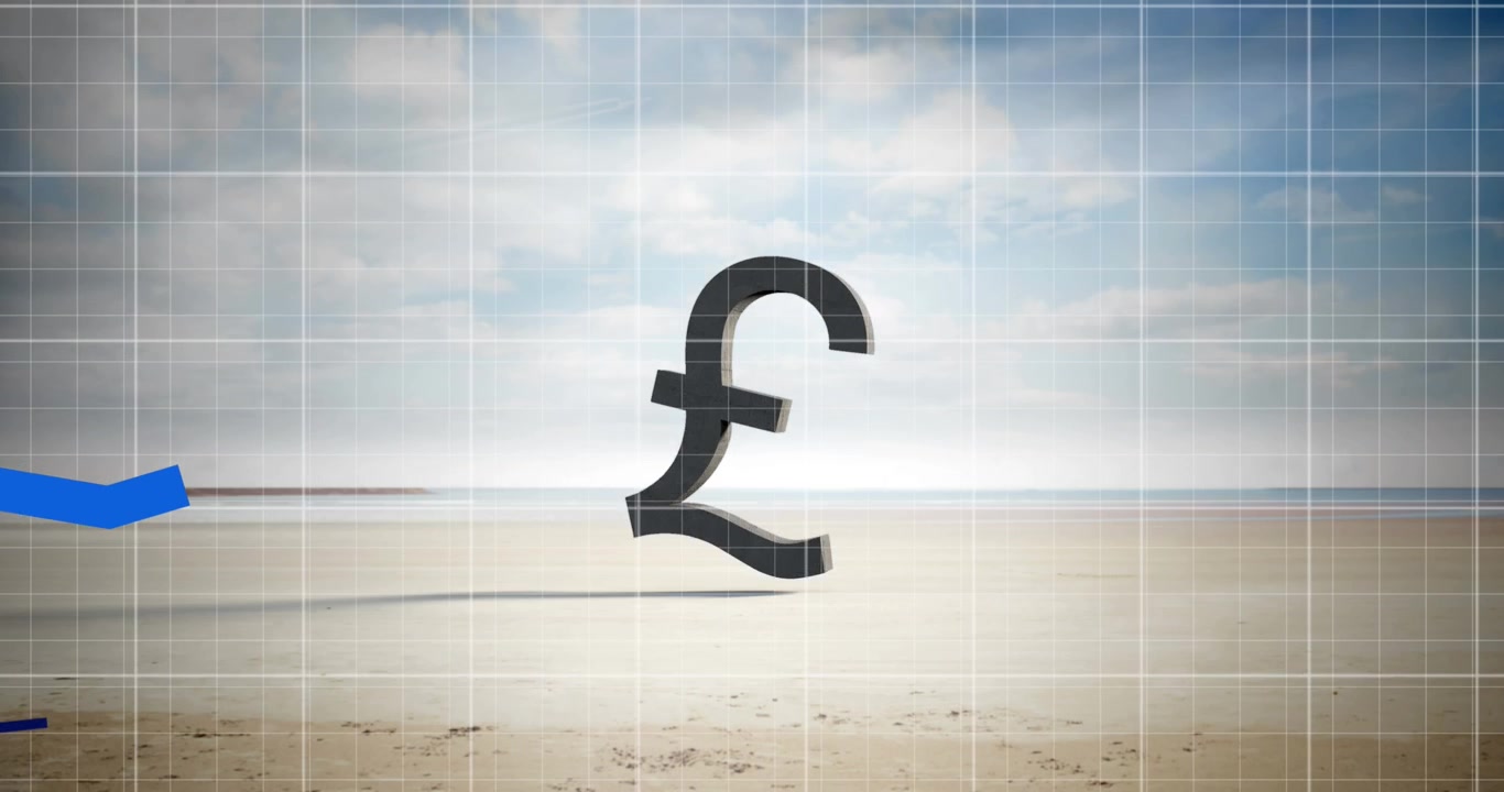 Animazione di grafici su un simbolo dell'euro che cade a terra e si rompe in pezzi su una spiaggia.
