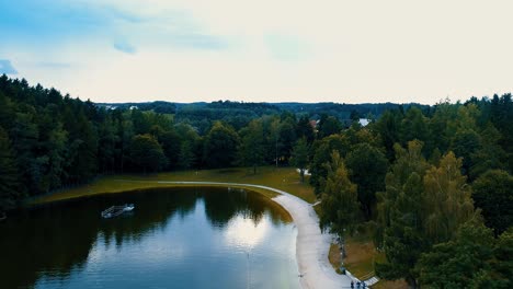 Vista-Aérea-Hermoso-Panorama-De-Un-Lago-Rodeado-De-Bosques-De-árboles