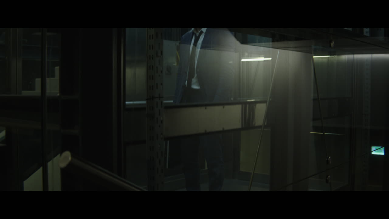 Man with a rabbit head in an elevator