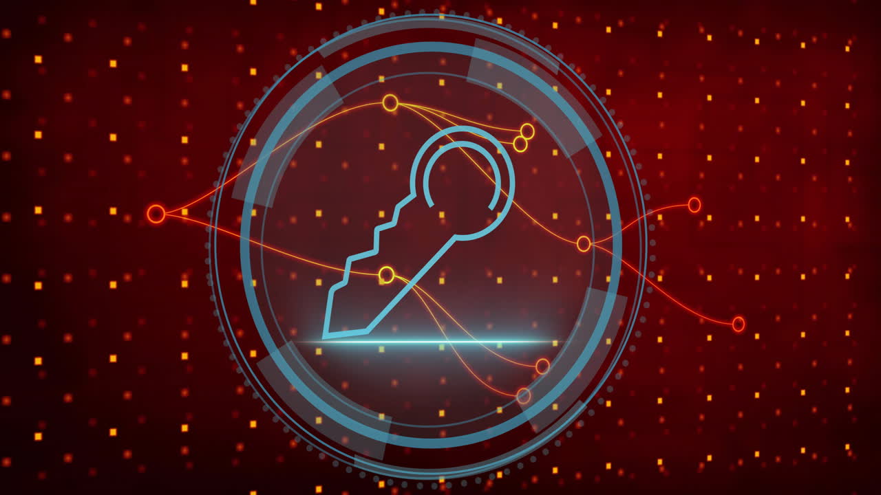 Digital key and circuit lines over pixelated red and yellow background animation