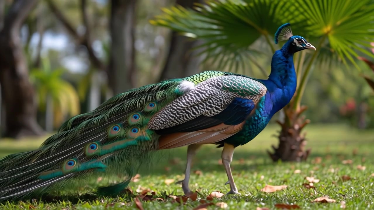 Pavão-indiano caminhando graciosamente por um gramado verde exuberante em um jardim tropical