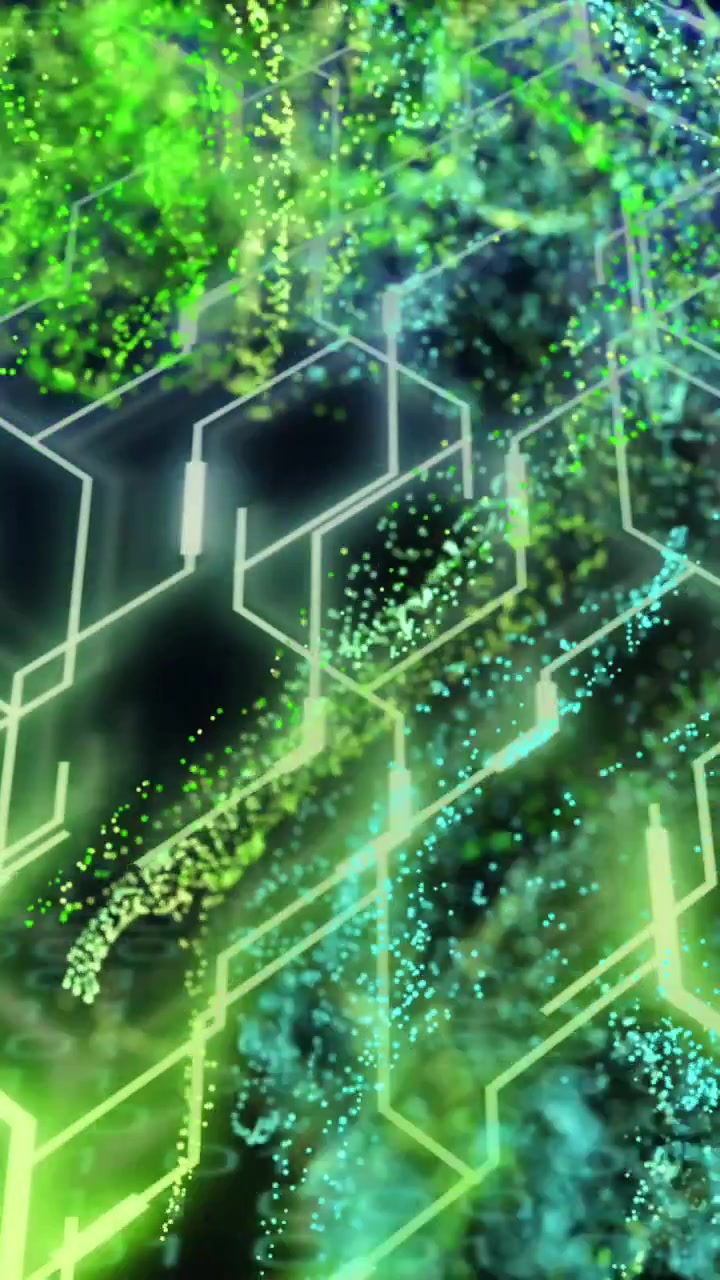Animation of green mesh, data processing over computer circuit board