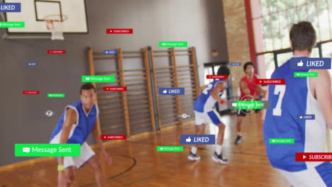 playing basketball in gym, social media notifications animation over players