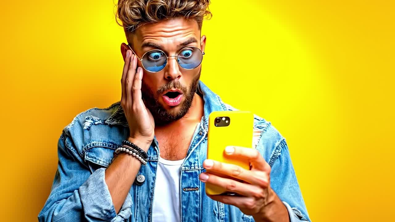 A man in a denim jacket holding a yellow phone and looking at his phone