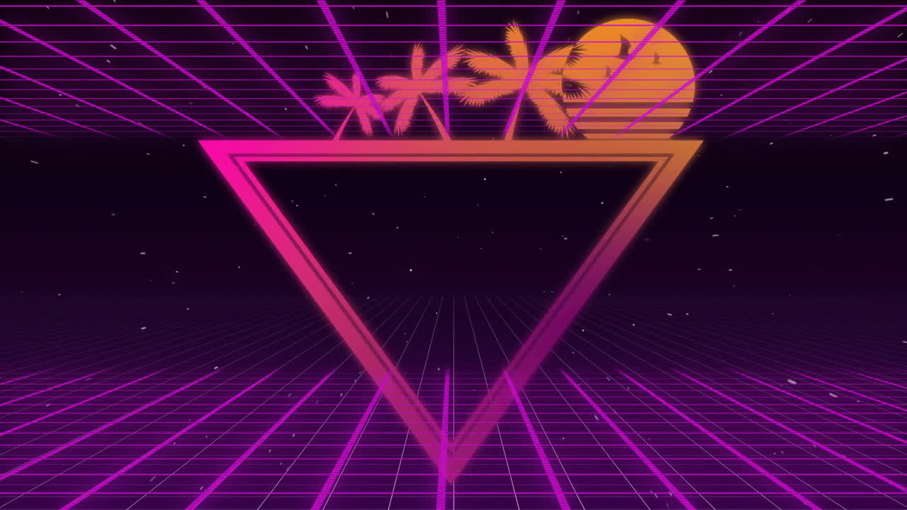 Animation of triangle with palm trees, sun and neon shapes moving on black background