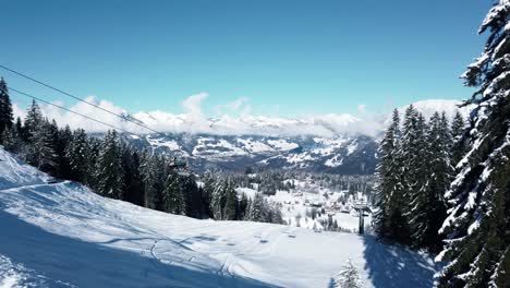 montaña de los alpes invernales con nieve en primer plano y pinos al costado