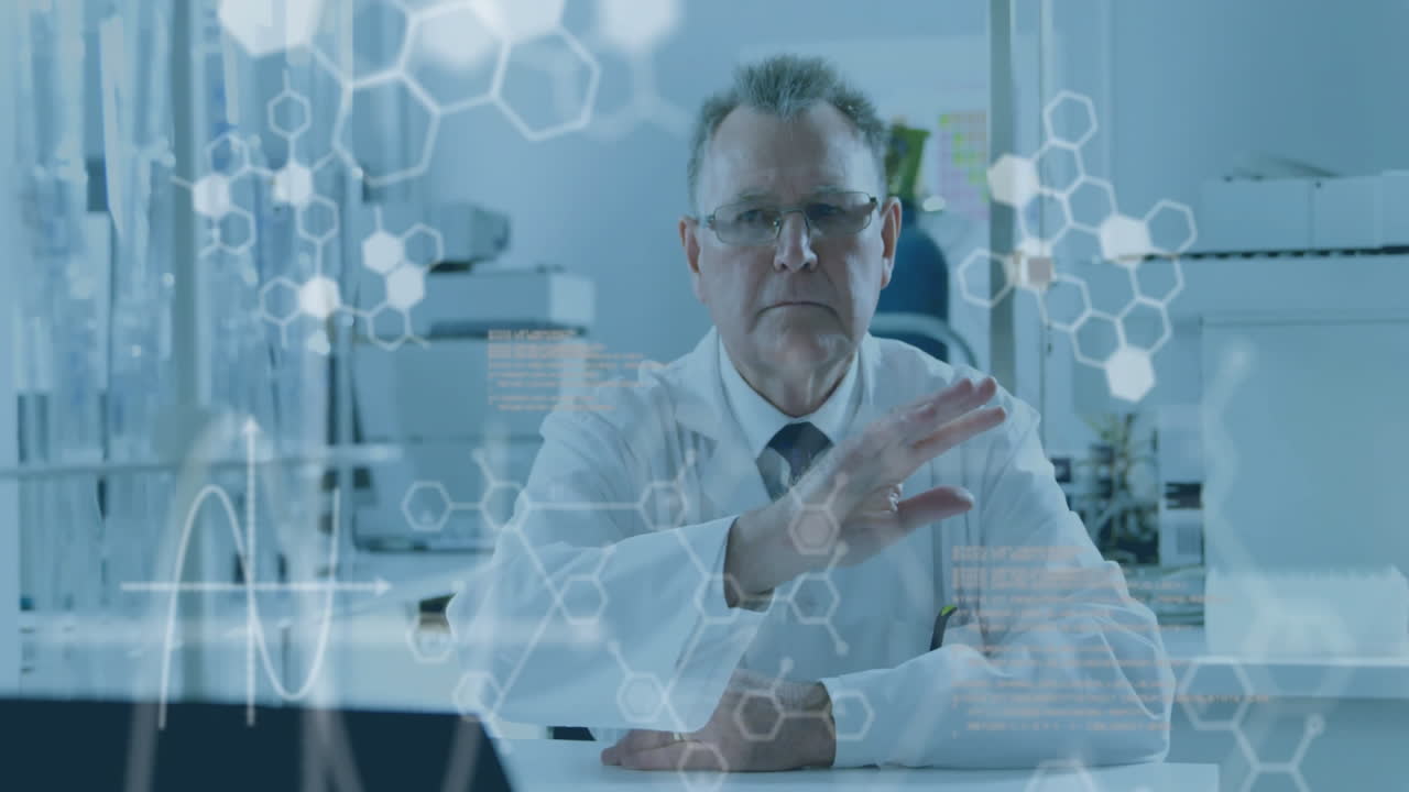 Interacting with digital animation, scientist exploring hexagonal patterns and data