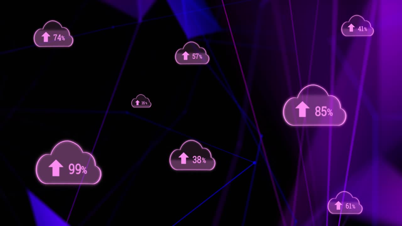 animación de iconos digitales y procesamiento de datos en la interfaz