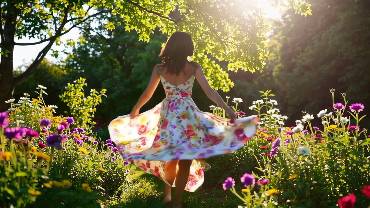 mujer con un vestido floral en un jardín