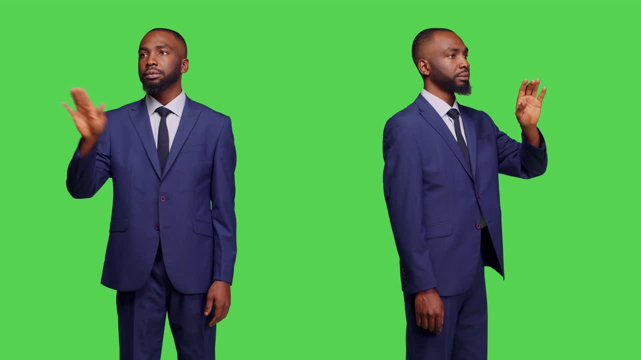 Empresário afro-americano acenando com a mão em tela verde